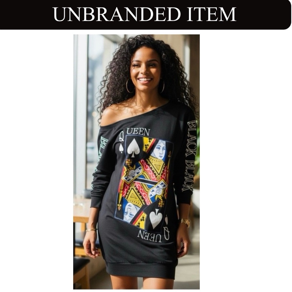 Black Queen Poker Print Off Shoulder Long Sleeve Lounge Dress or Shirt, NIP